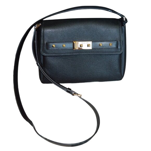 Michael Kors Addison SM Messenger Black Gold Hardware Classic Crossbody Bag - Picture 1 of 13